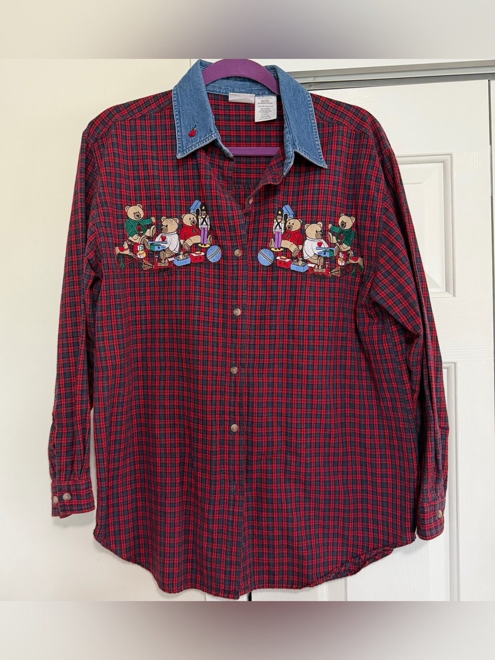 Bobbie Brooks Vintage Red Plaid Teddy Bear Holiday Button Down Blouse Size Med